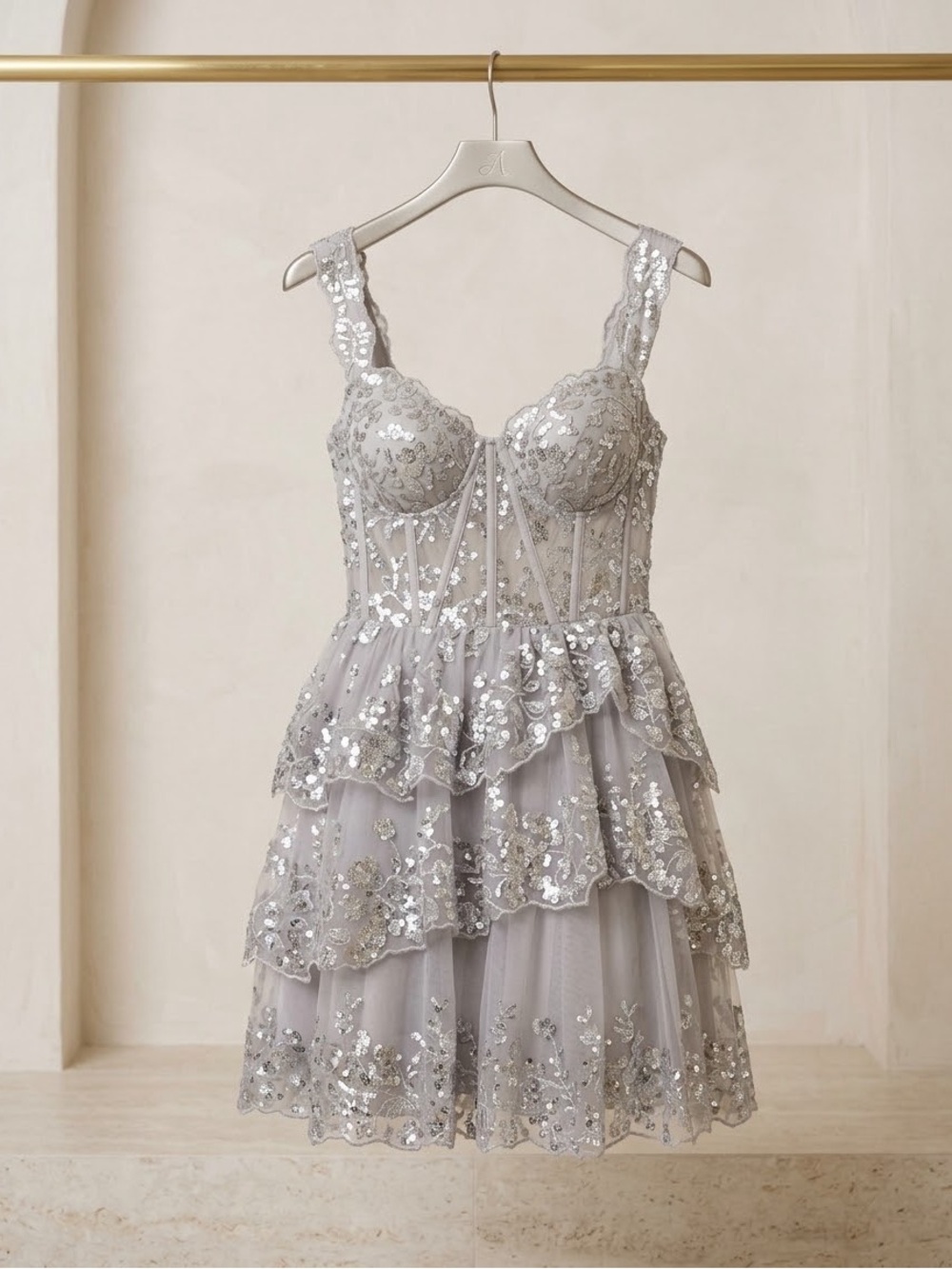 Macy’s Silver Sequin Lace Tiered Corset Mini Dress – Size 2